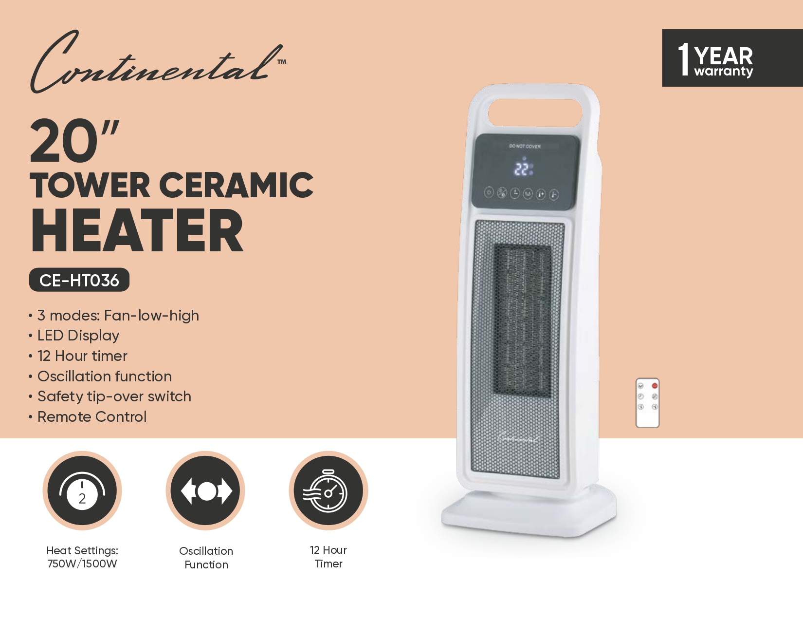 20" Tower Ceramic Heater