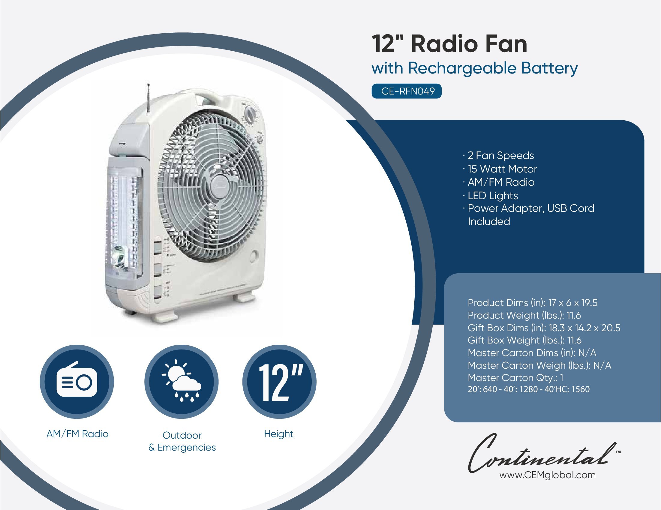 12" Radio Fan with Rechargeable Battery