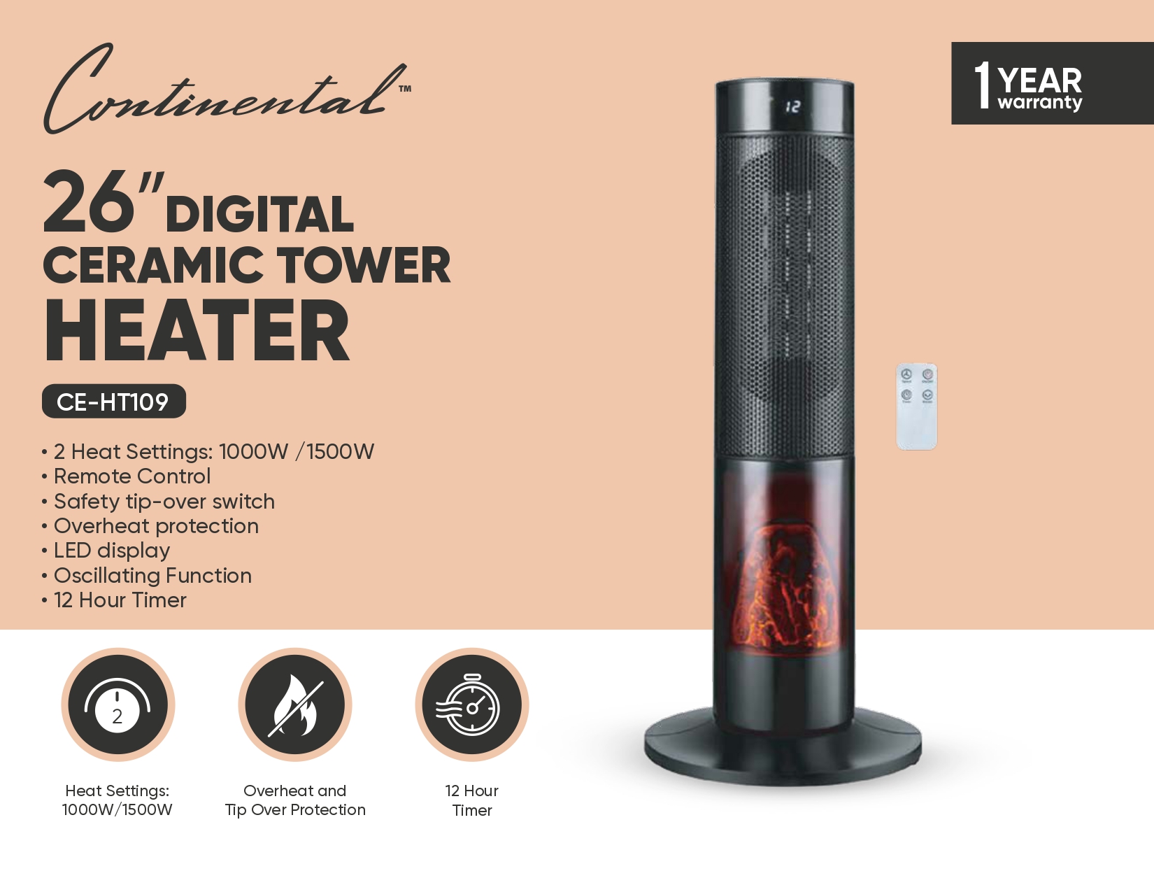 26” DIGITAL CERAMIC TOWER HEATER