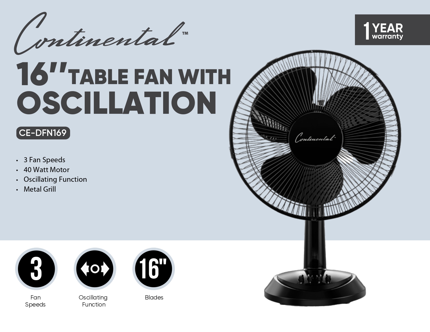 16’’TABLE FAN WITH OSCILLATION