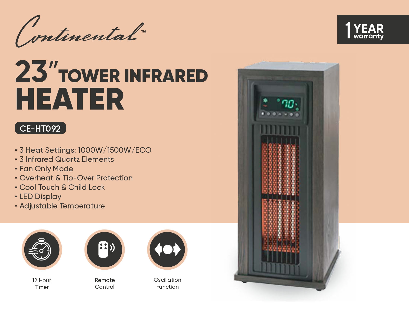 23” TOWER INFRARED HEATER