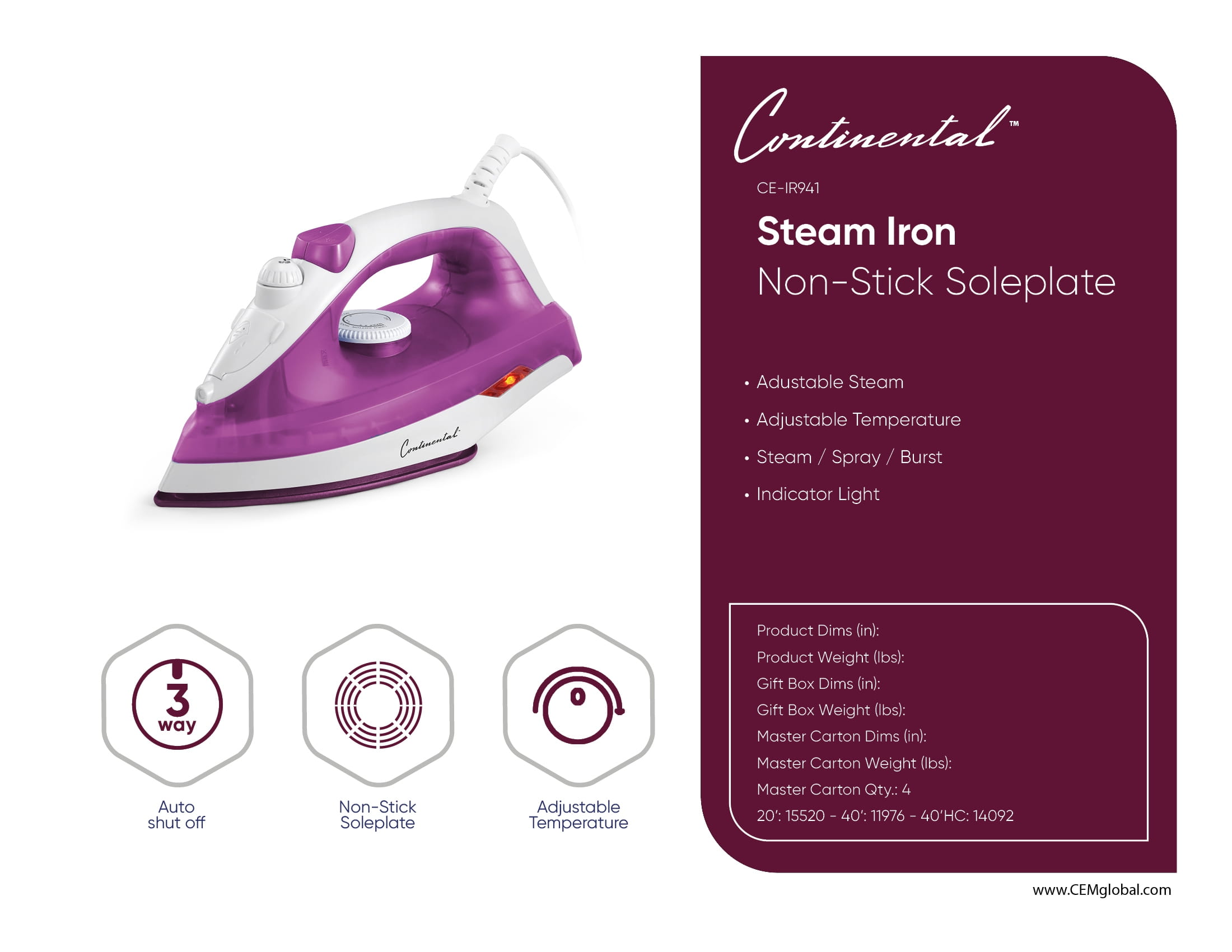 Steam Iron Non-Stick Soleplate