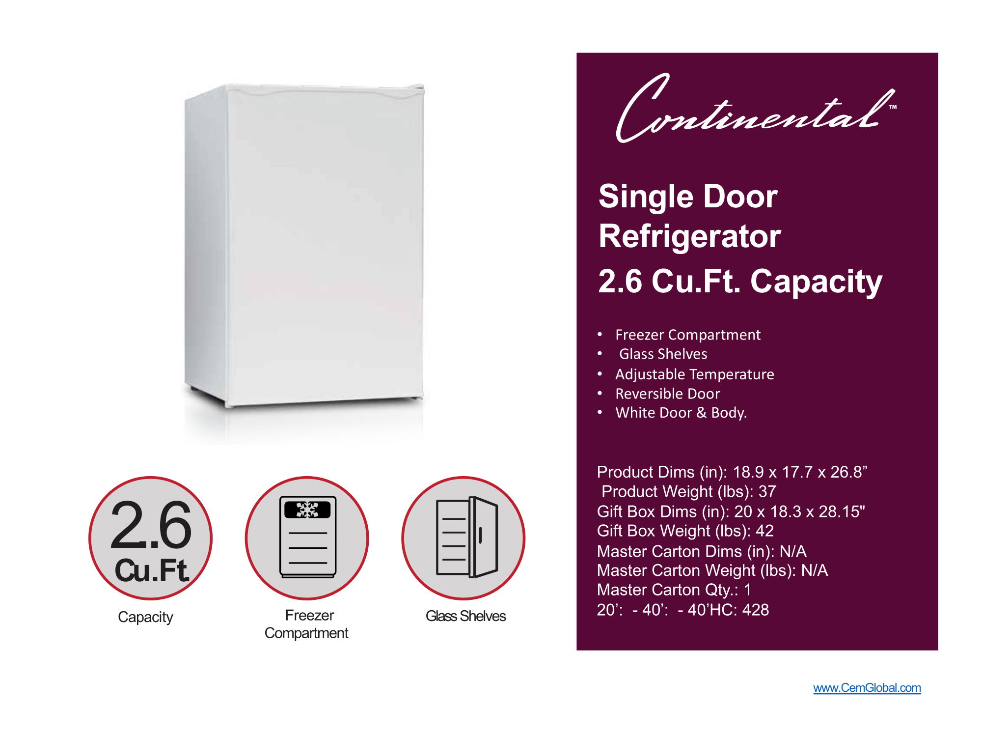 Single Door 1 Refrigerator 2.6. Cu.ft. capacity