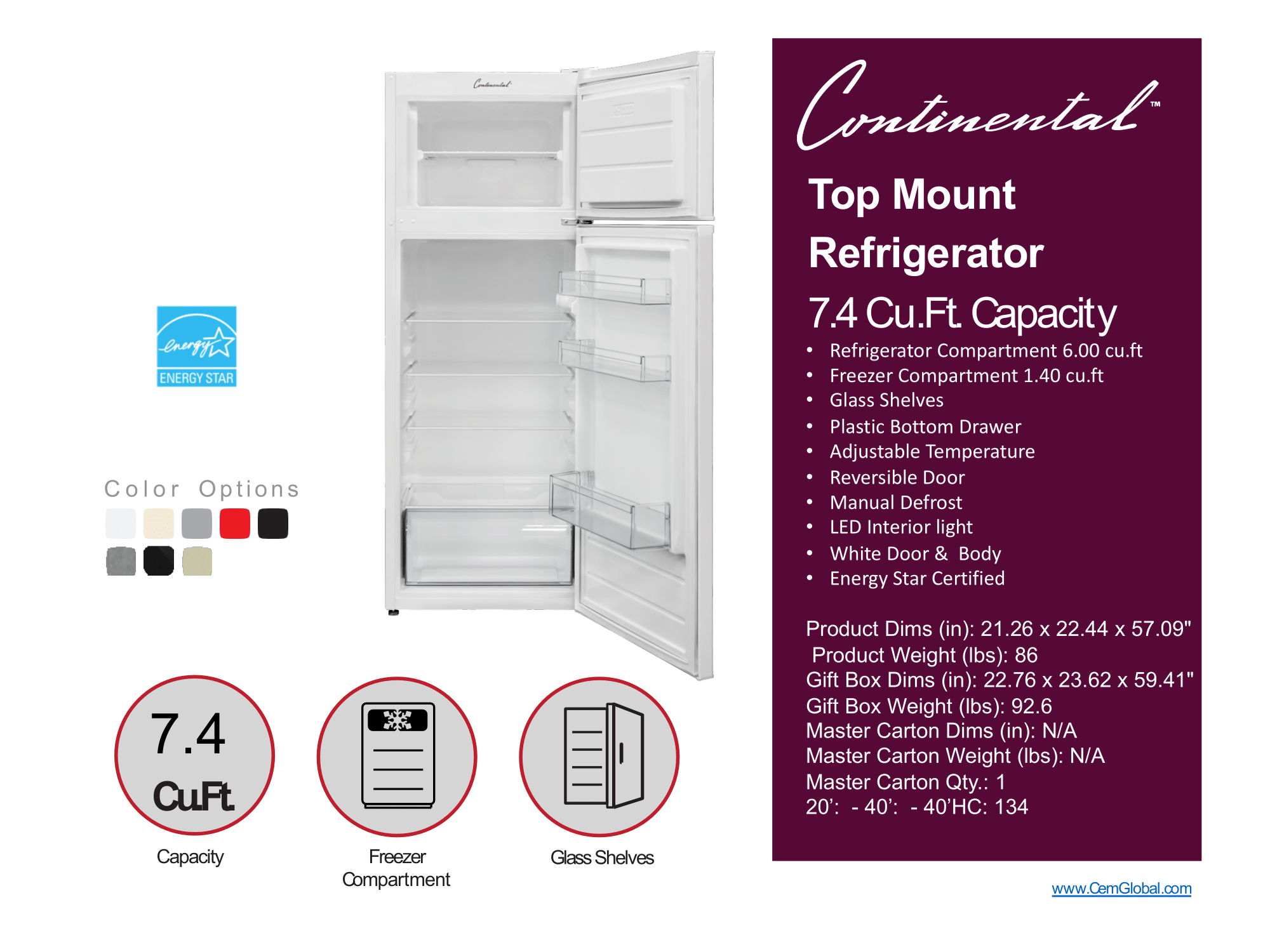 Top Mount Refrigerator 7.4 Cu.Ft. Capacity