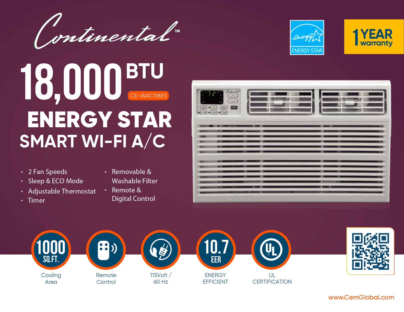 18,000 BTU ENERGY STAR SMART WI-FI A/C