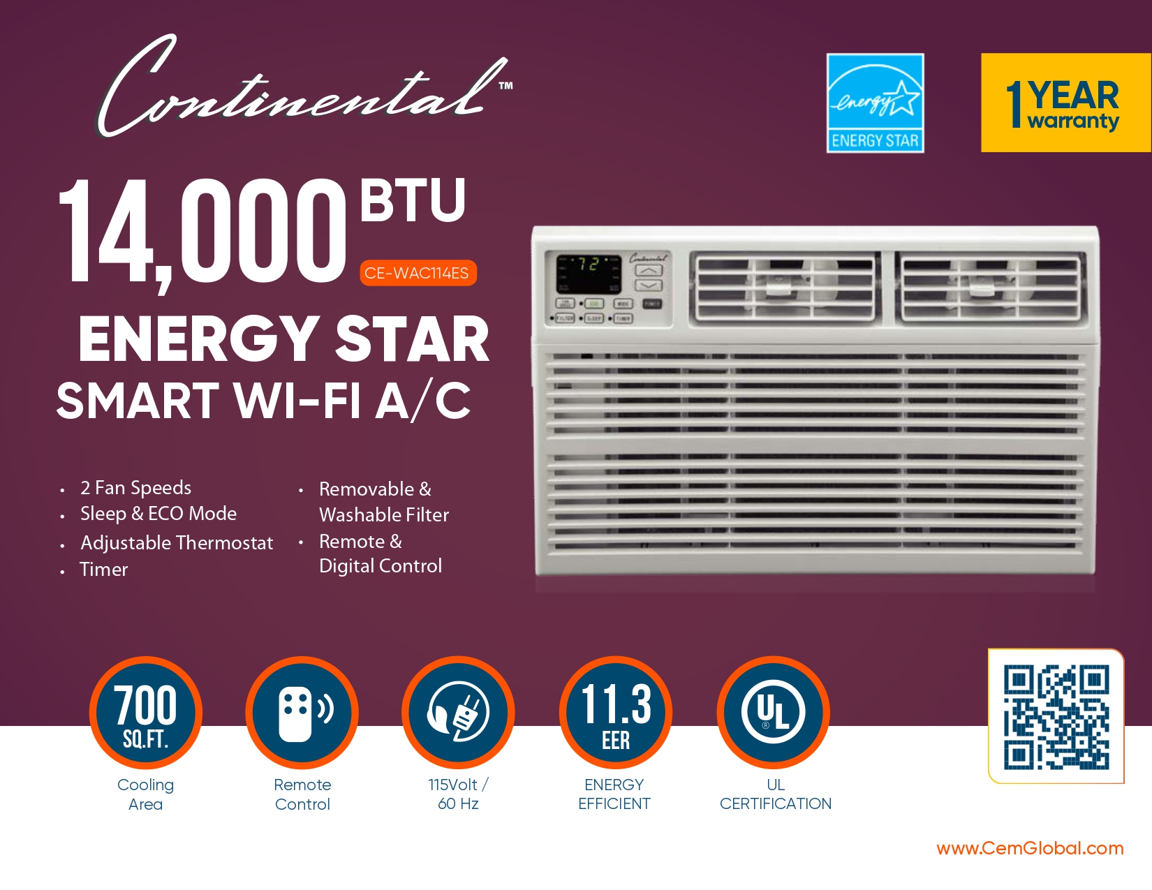 14,000 BTU ENERGY STAR SMART WI-FI A/C