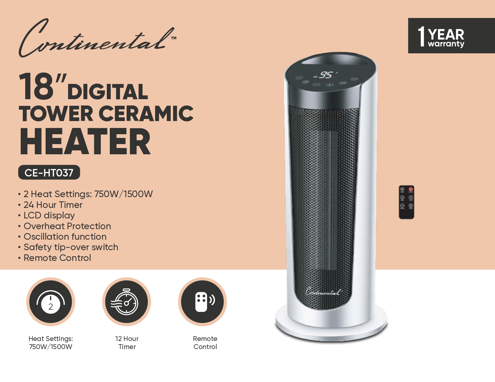 18" Digital Tower Ceramic Heater