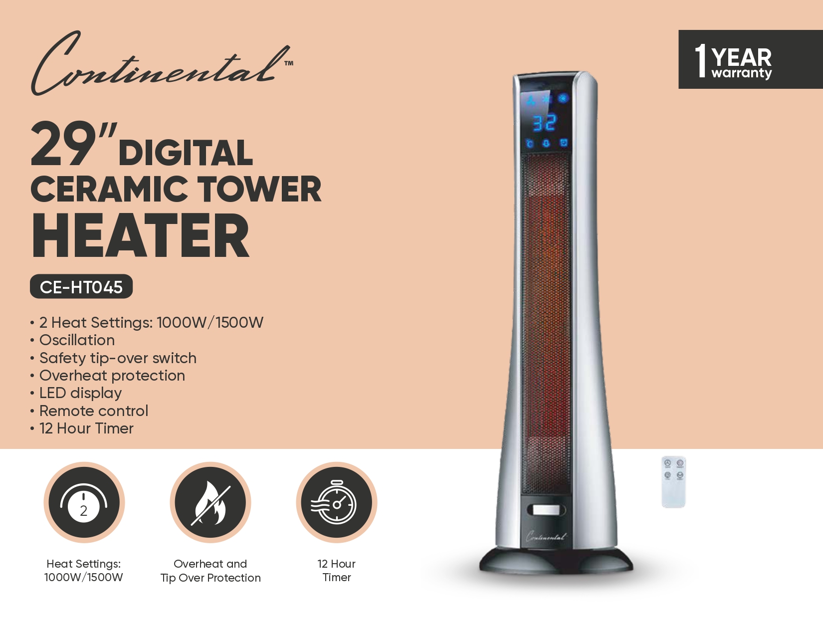 29" Ceramic Digital Tower Heater
