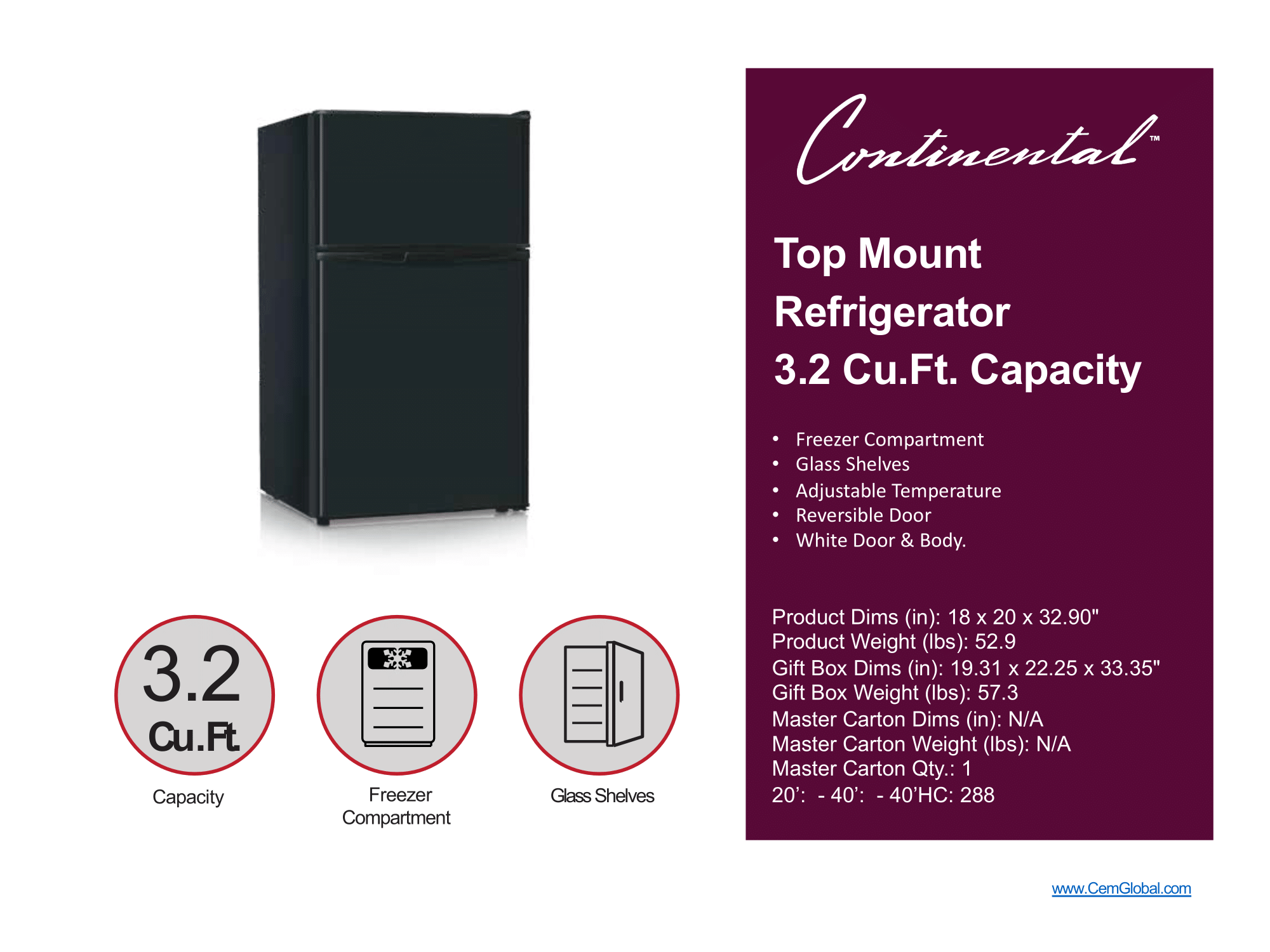 Top Mount Refrigerator 3.2. Cu.ft. capacity