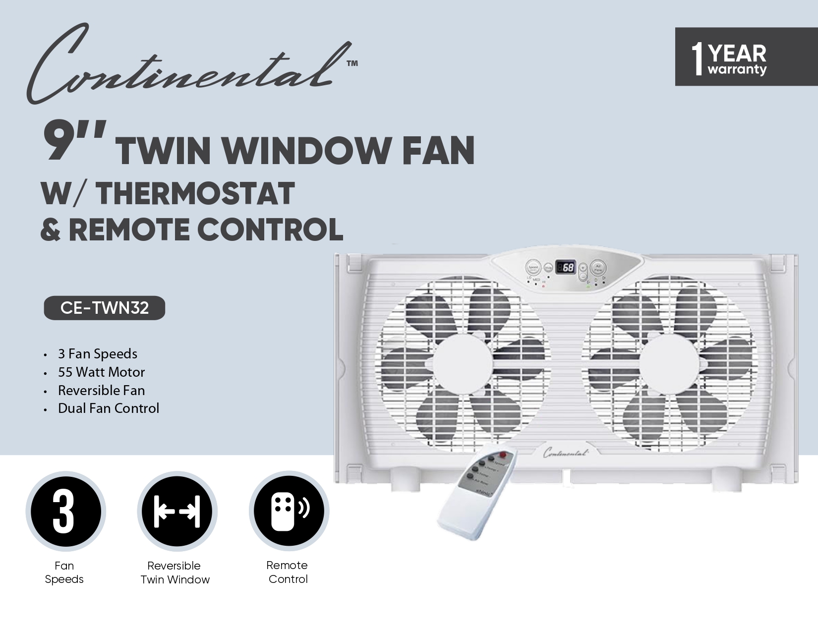 9’’ TWIN WINDOW FAN W/ THERMOSTAT & REMOTE CONTROL