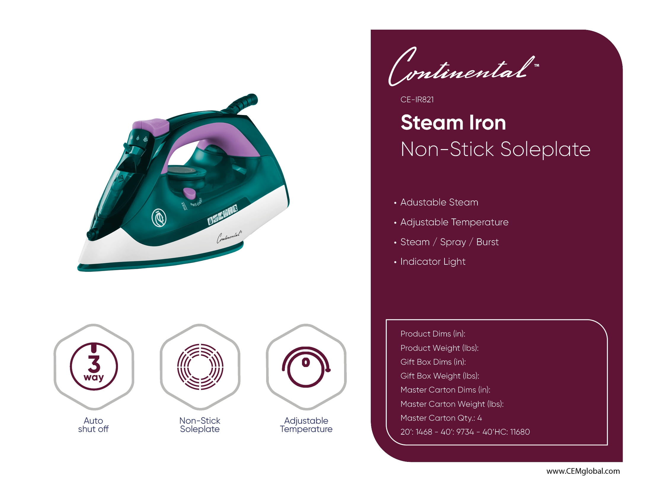 Steam Iron Non-Stick Soleplate