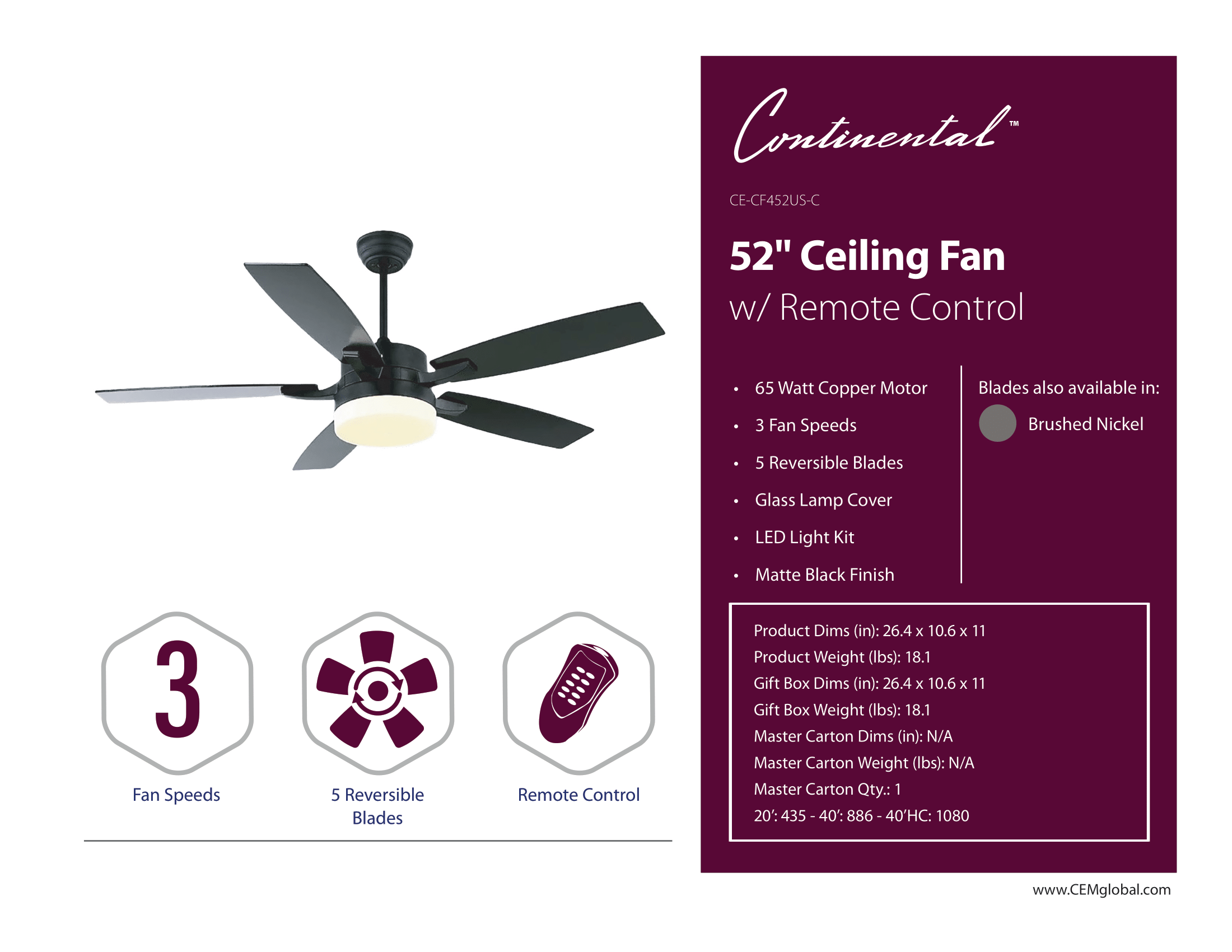 52" Ceiling Fan w/ Remote Control