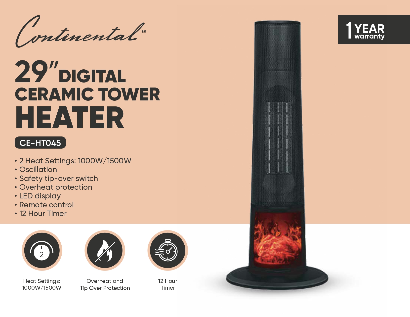 29” DIGITAL CERAMIC TOWER HEATER