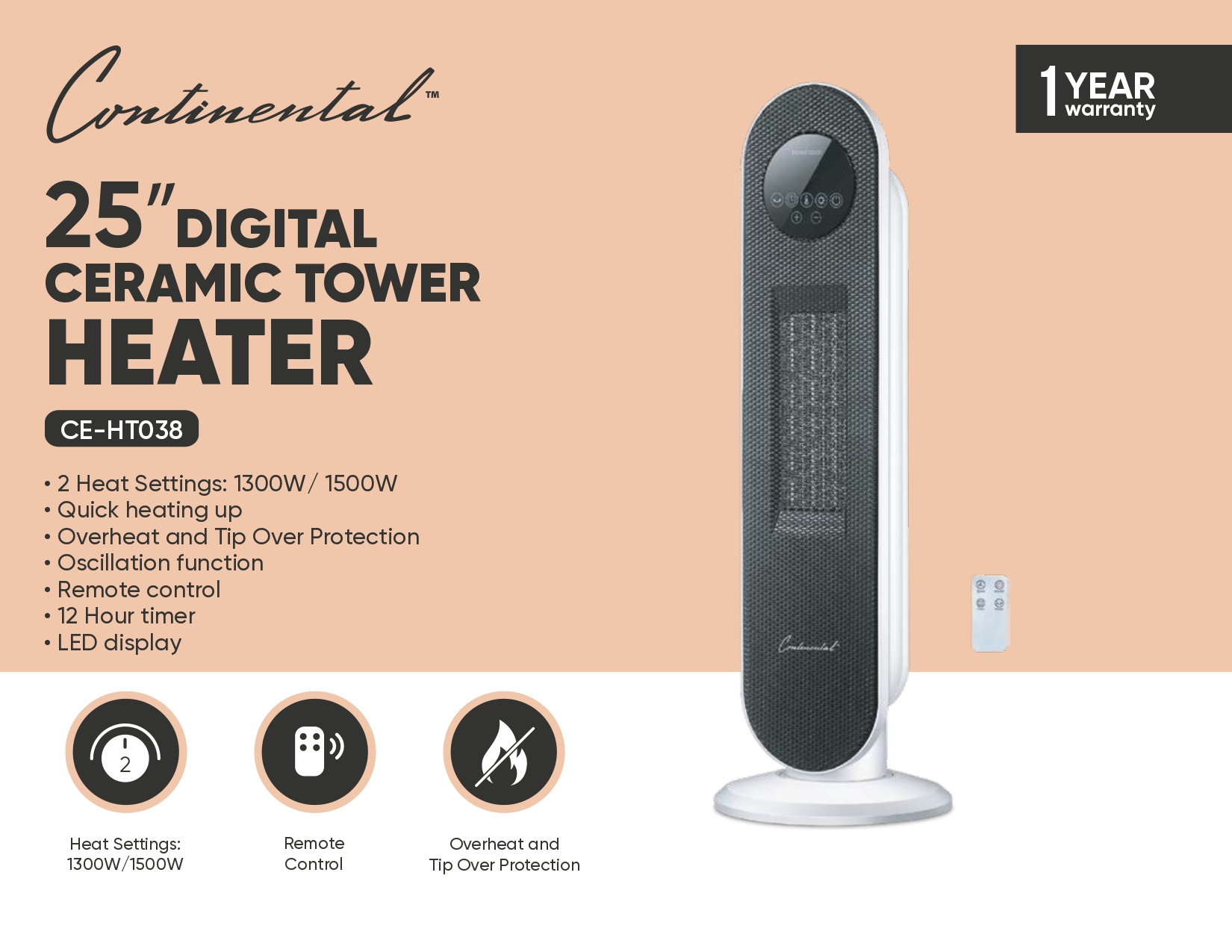 25" Digital Ceramic Tower Heater