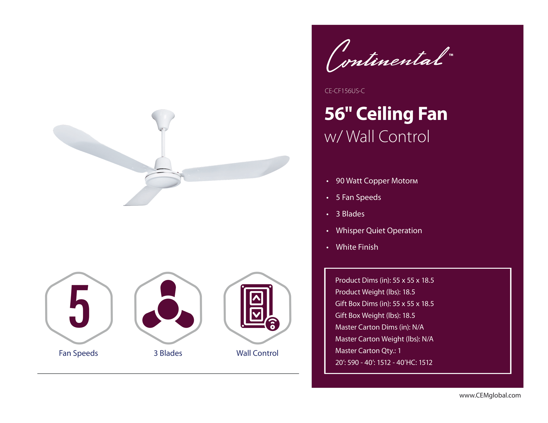 56" Ceiling Fan w/ Wall Control