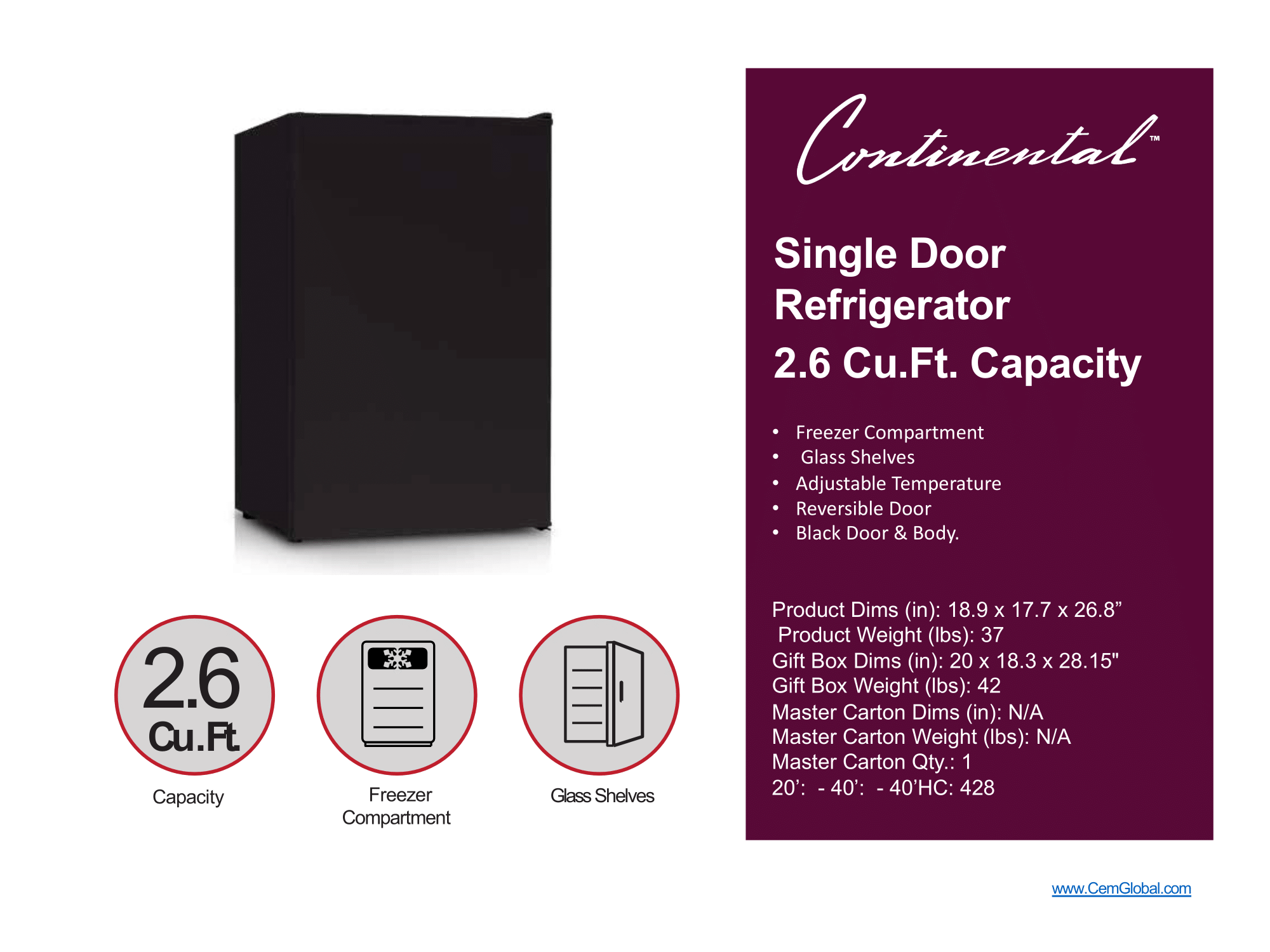 Single Door 1 Refrigerator 2.6. Cu.ft. capacity
