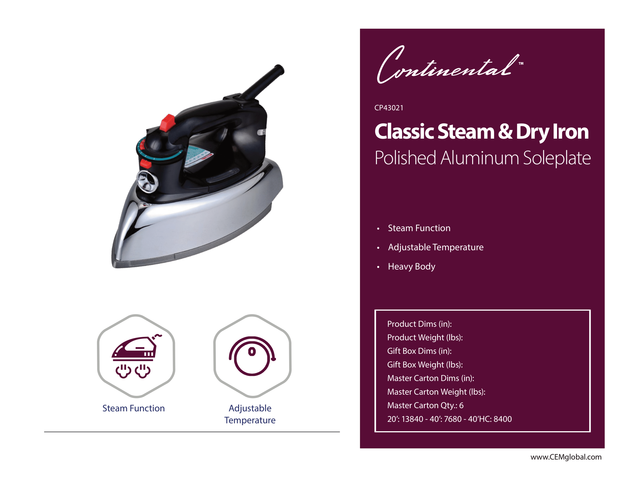 Classic Steam & Dry Iron Polished Aluminum Soleplate