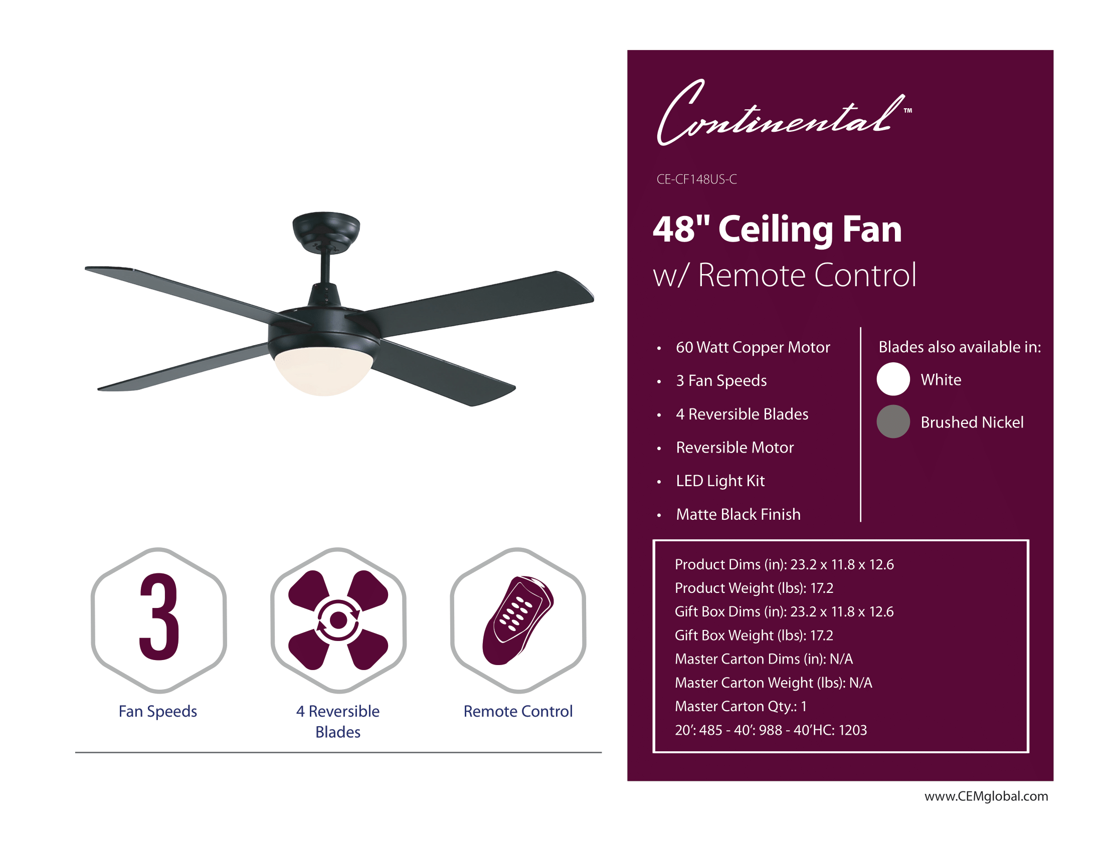 48" Ceiling Fan w/ Remote Control