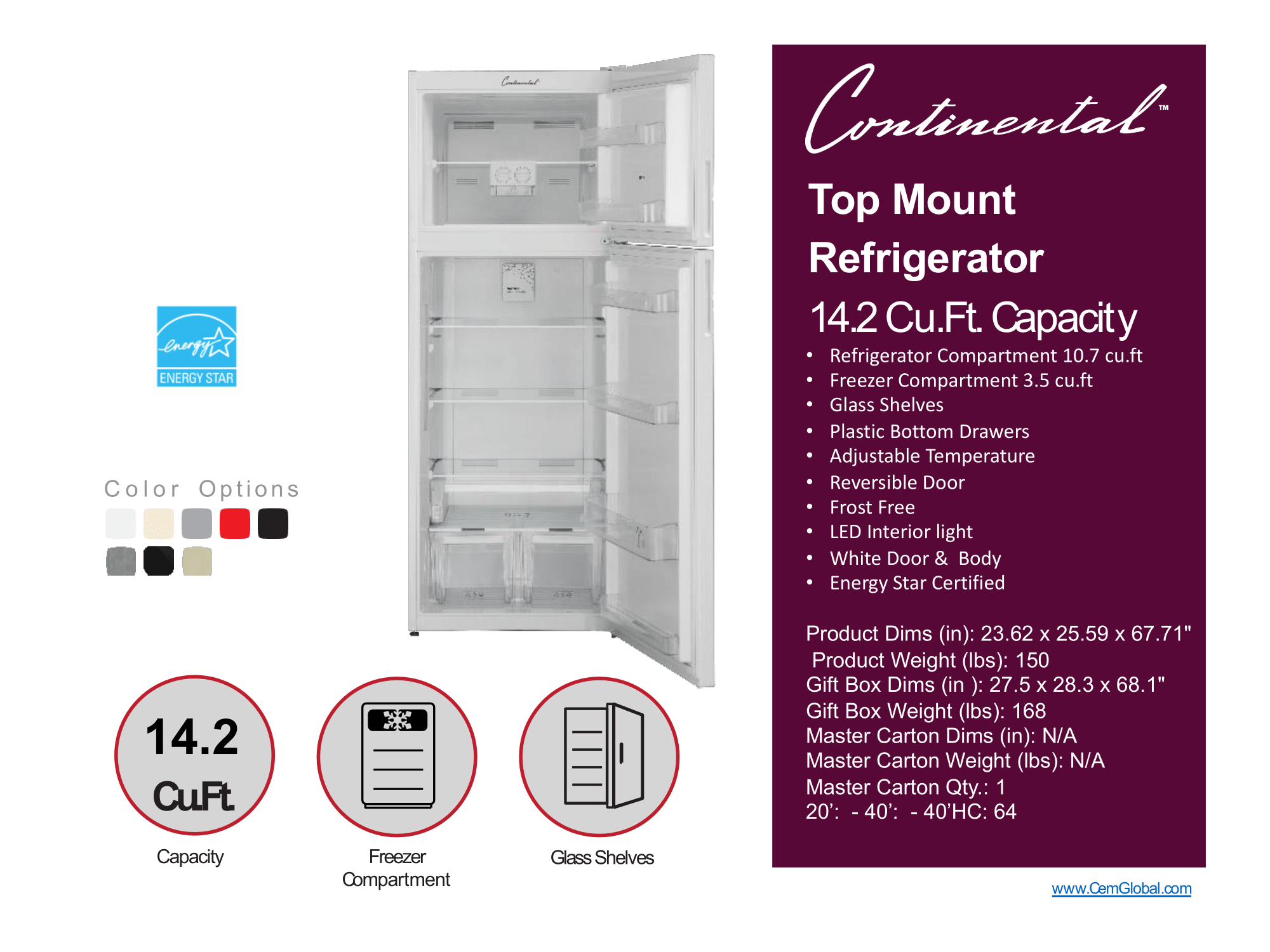 Top Mount Refrigerator 14.2 Cu.Ft. Capacity