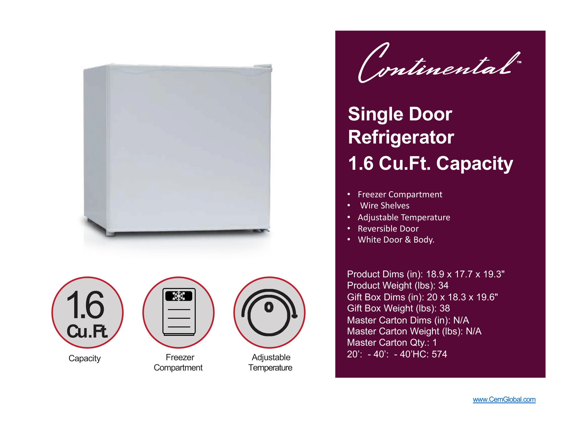 Single Door 1 Refrigerator 1.6. Cu.ft. capacity