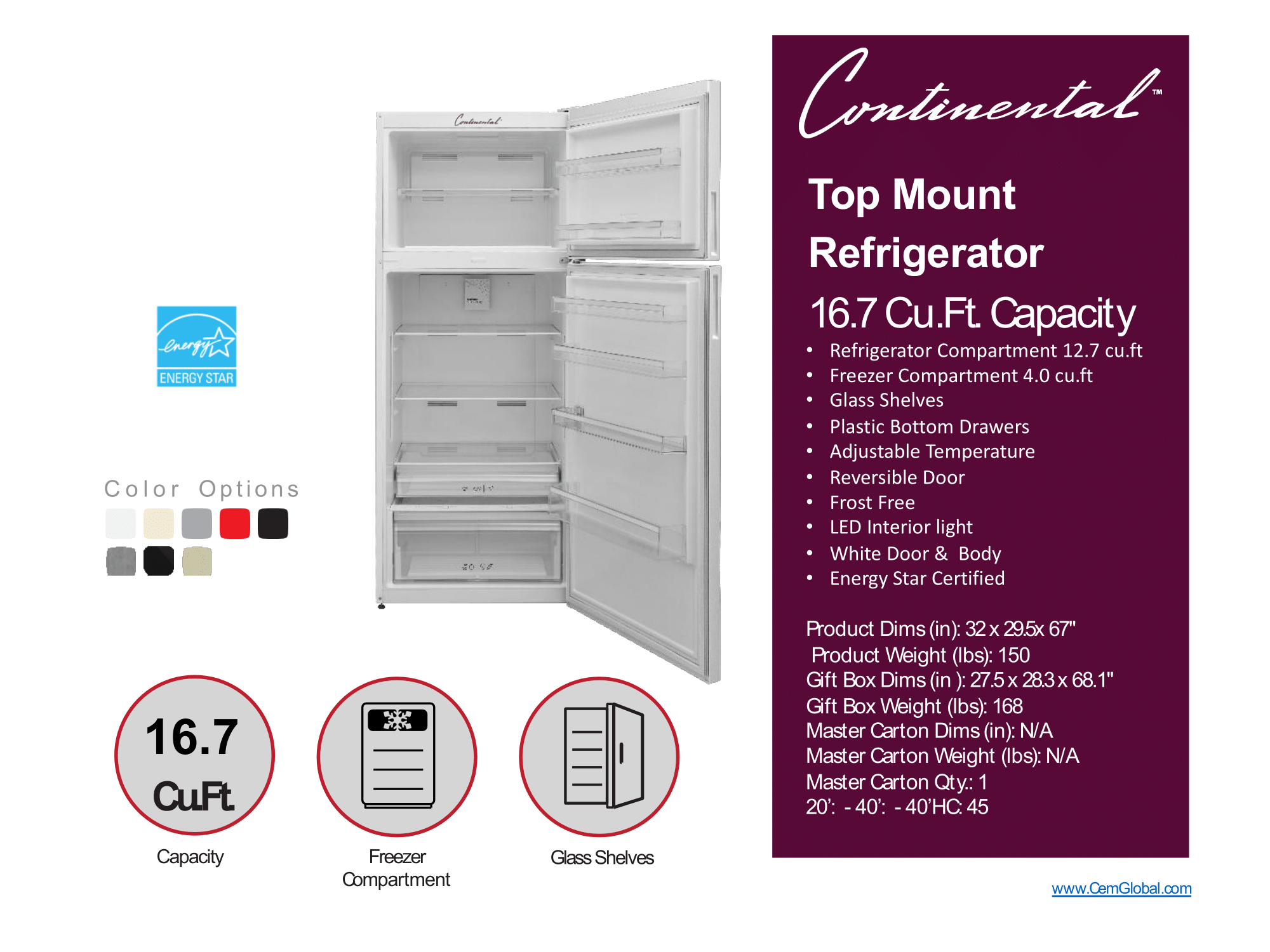 Top Mount Refrigerator 16.7 Cu.Ft. Capacity