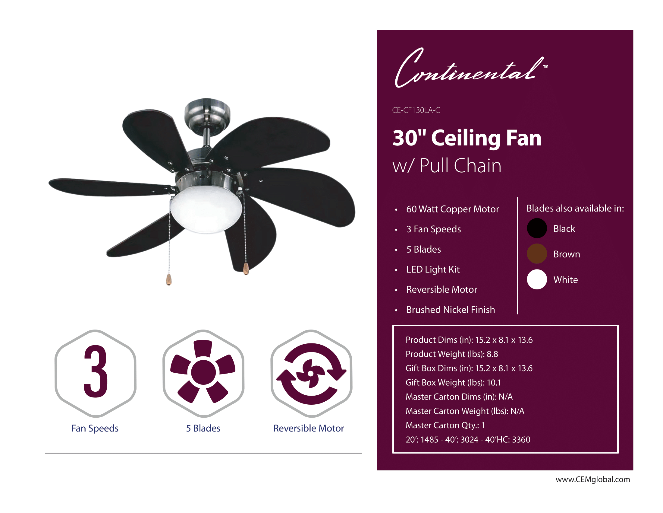 30" Ceiling Fan w/ Pull Chain