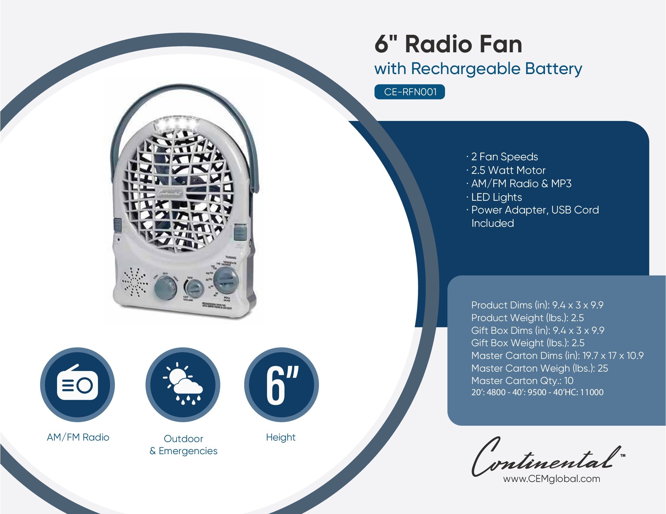 6" Radio Fan with Rechargeable Battery