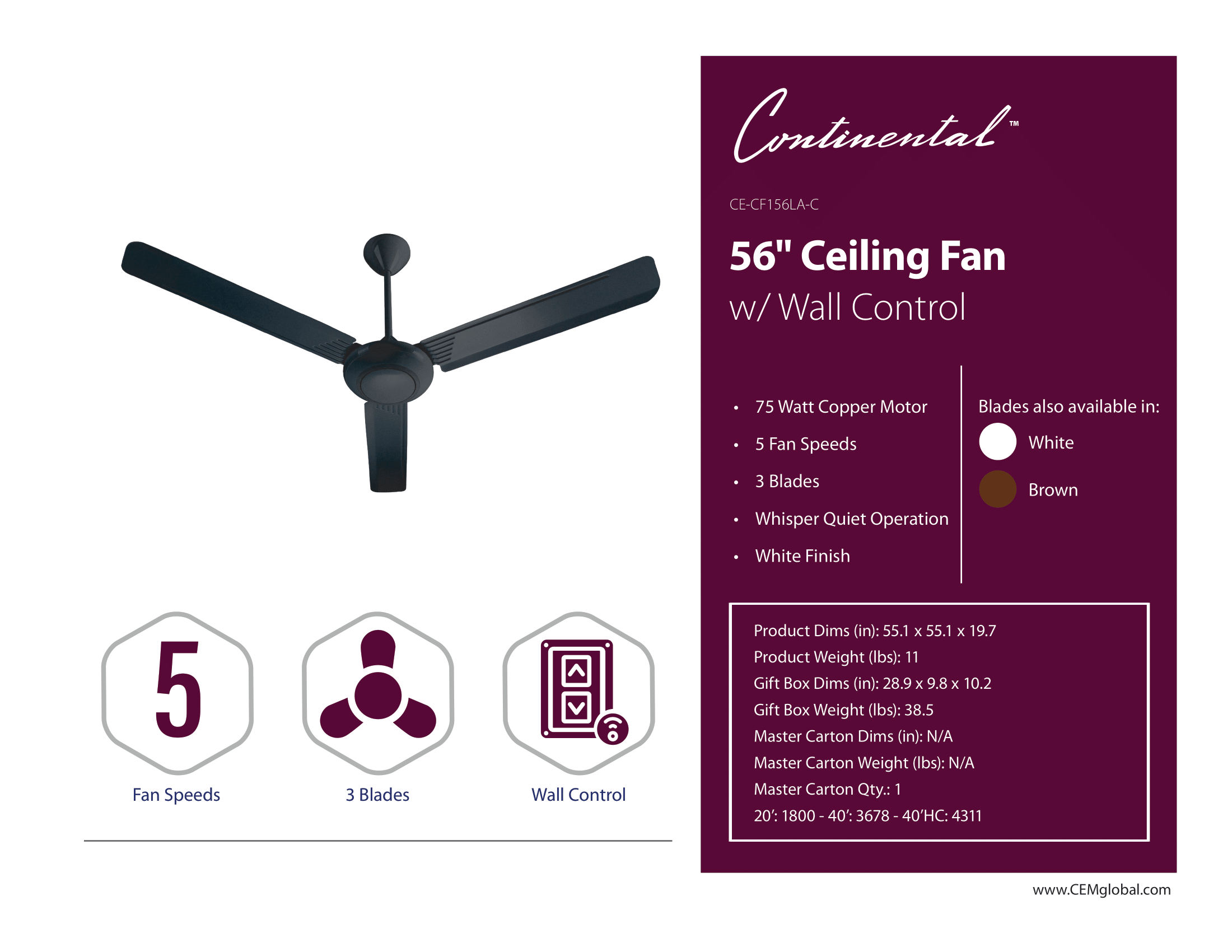 56" Ceiling Fan w/ Wall Control