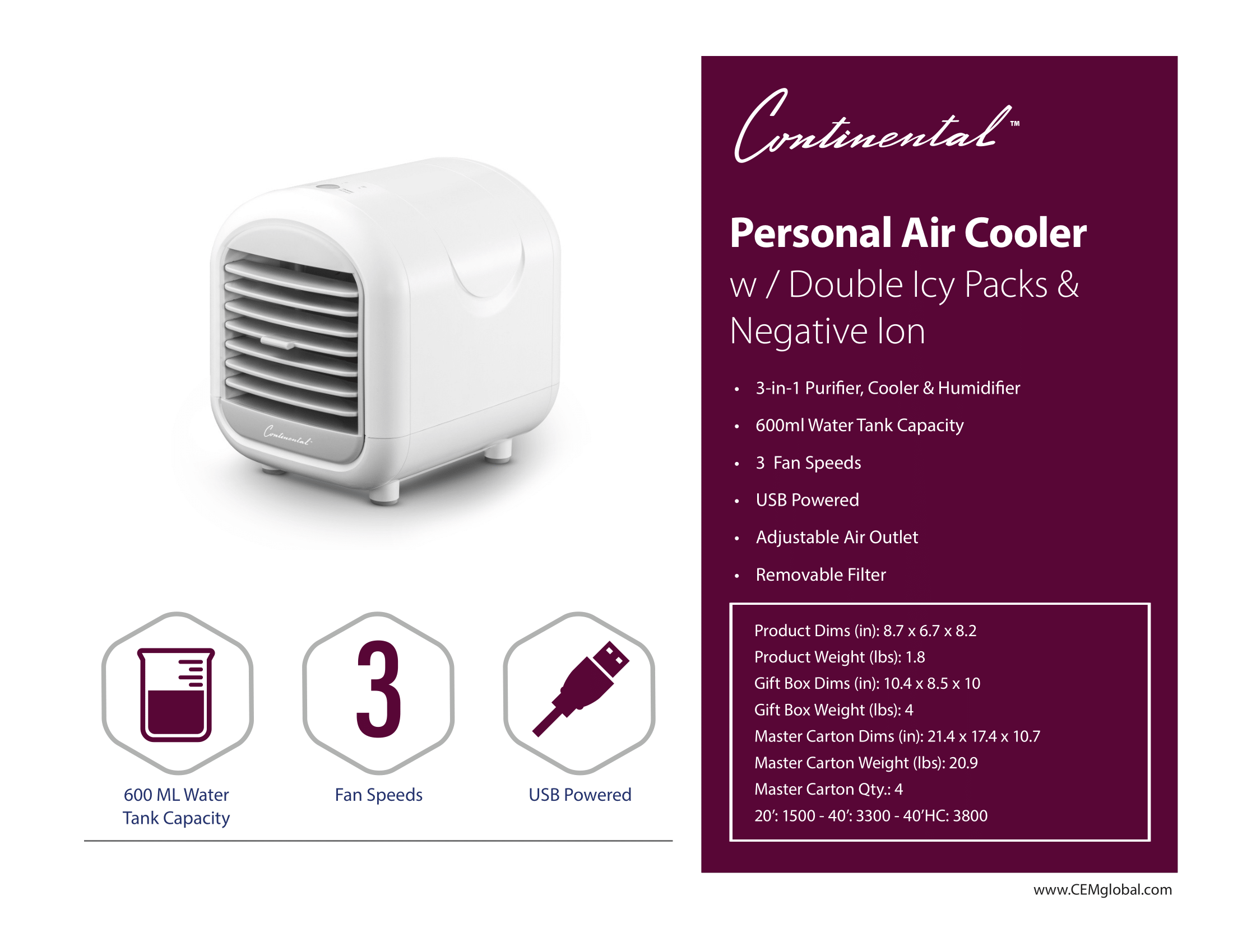 Personal Air Cooler w / Double Icy Packs & Negative Ion