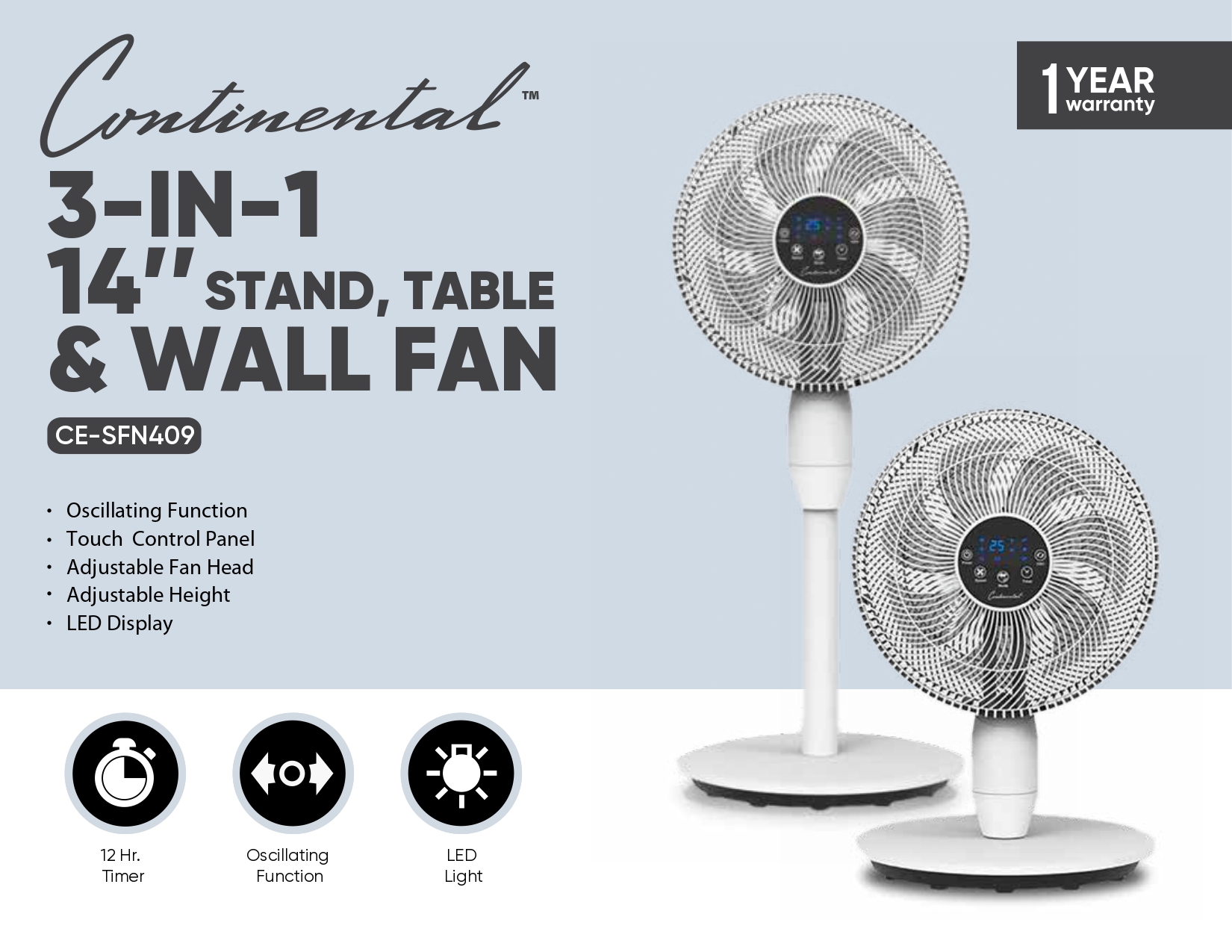 3-IN-1 14" STAND, TABLE & WALL FAN