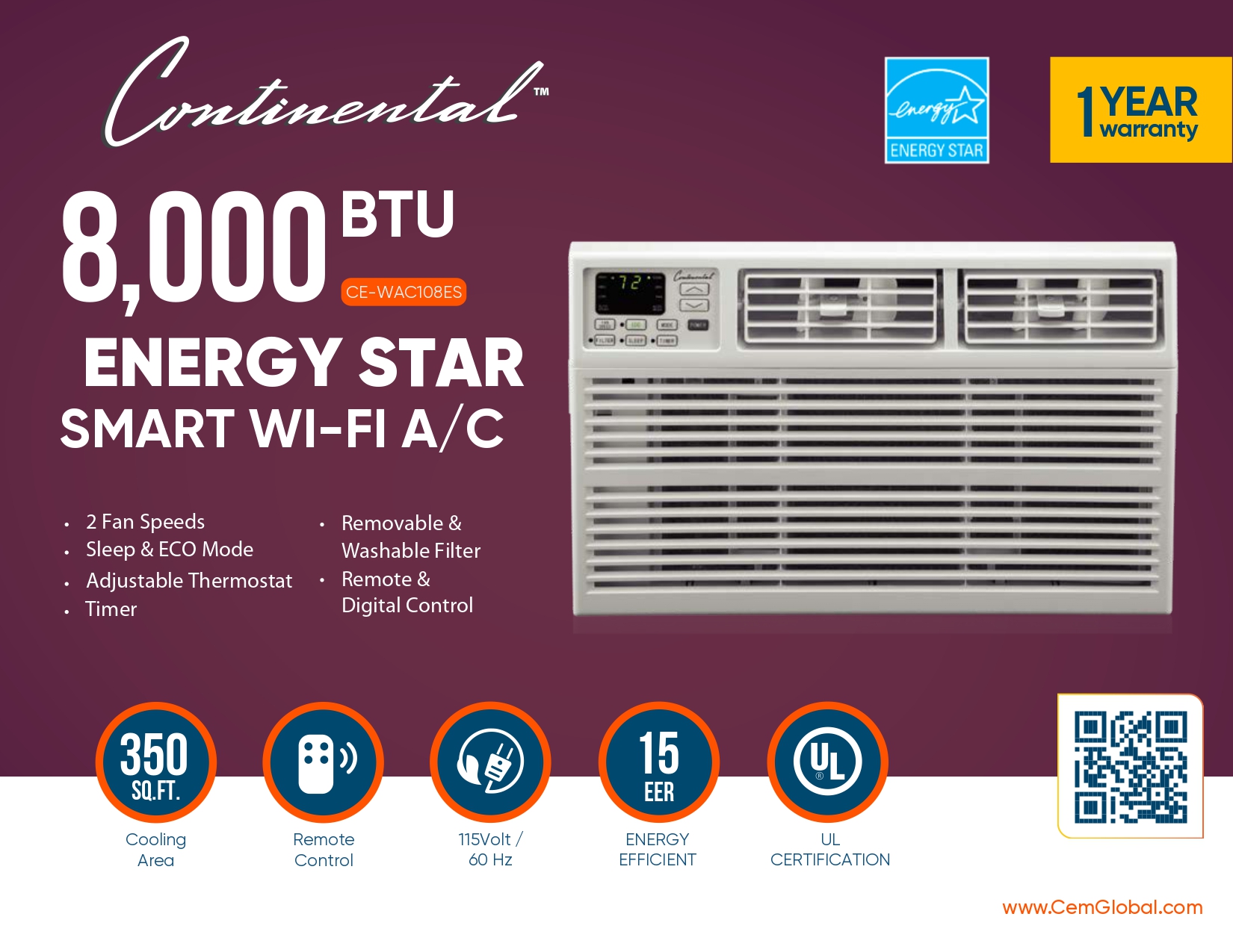8,000 BTU ENERGY STAR SMART WI-FI A/C