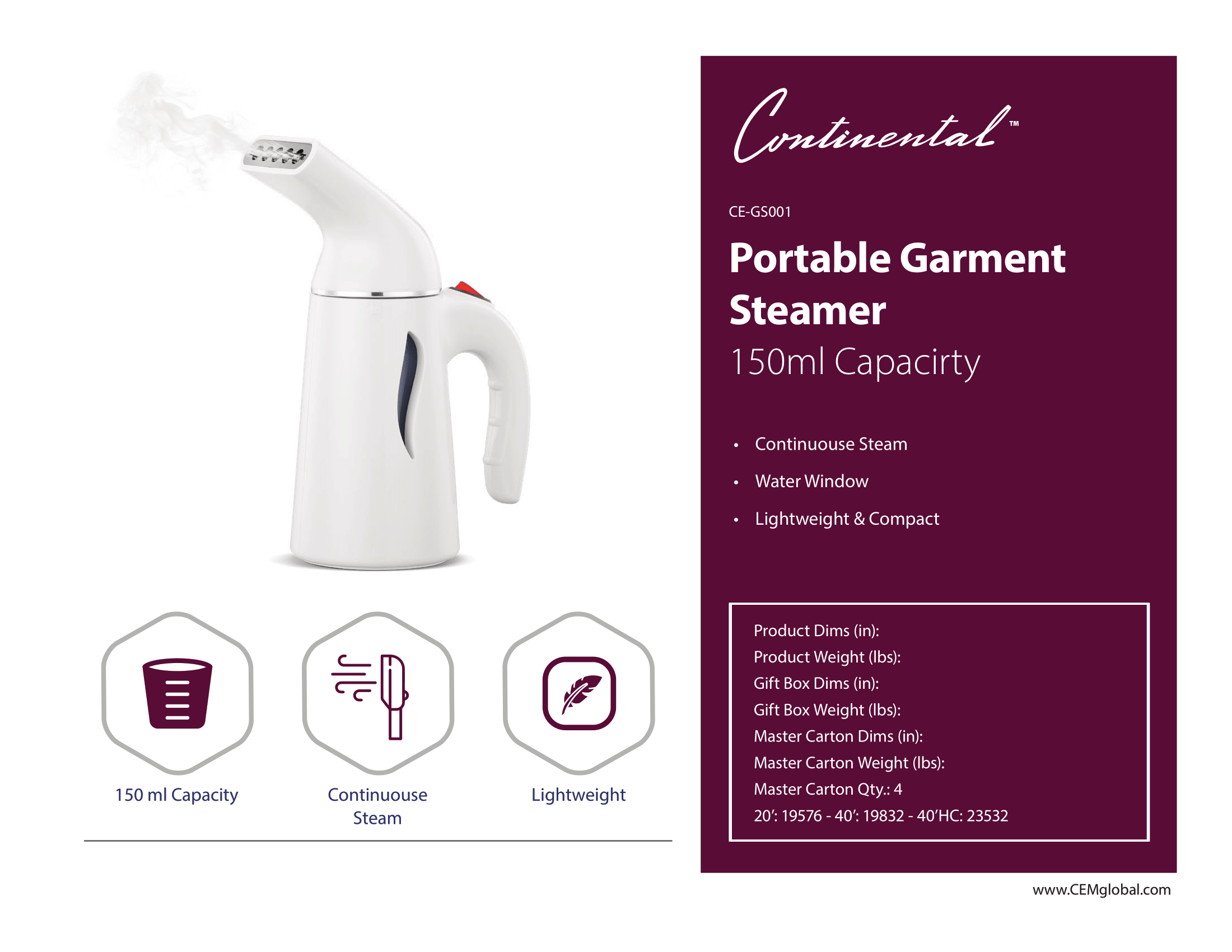 Portable Garment Steamer 150ml Capacirty