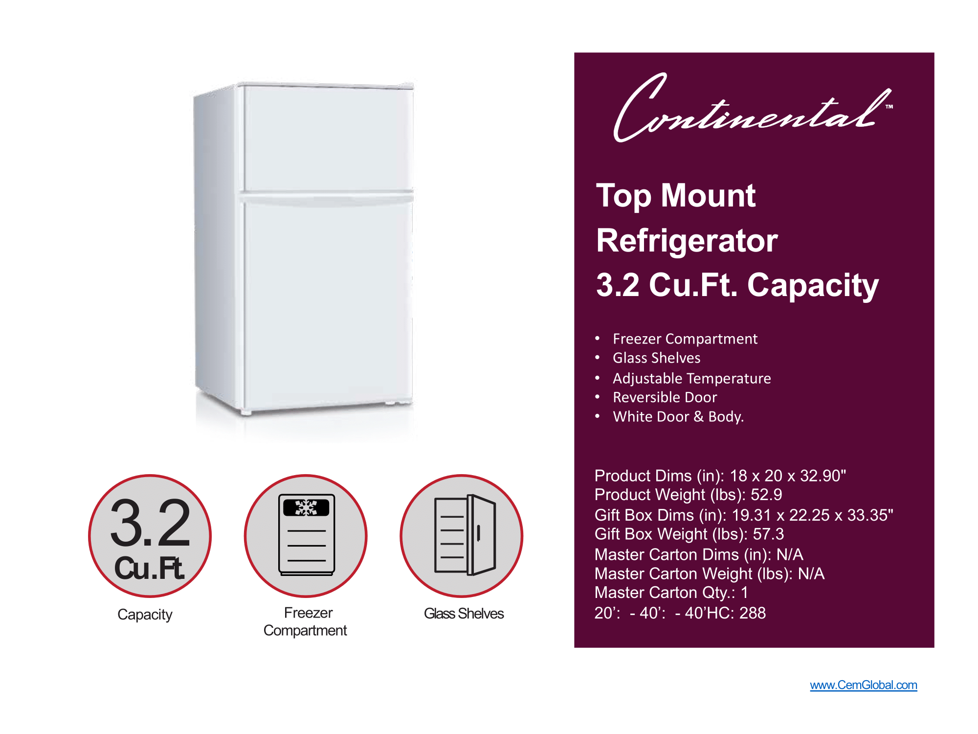 Top Mount Refrigerator 3.2. Cu.ft. capacity