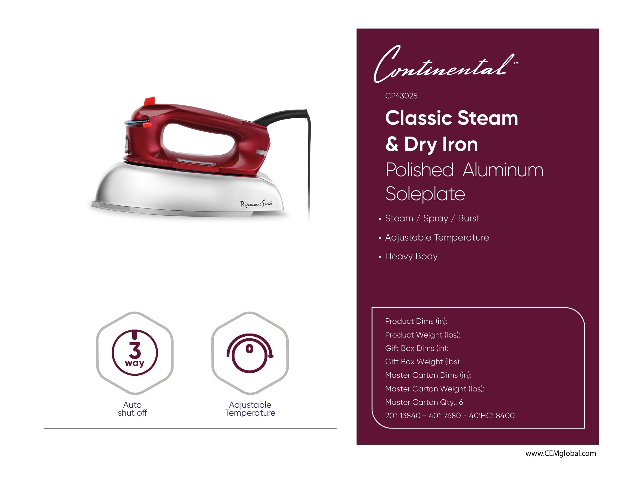 Classic Steam & Dry Iron Polished AluminumSoleplate